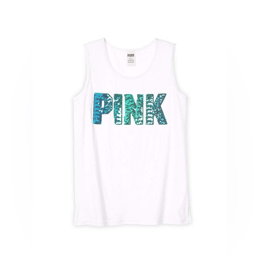 PINK White Sequin Logo Tank